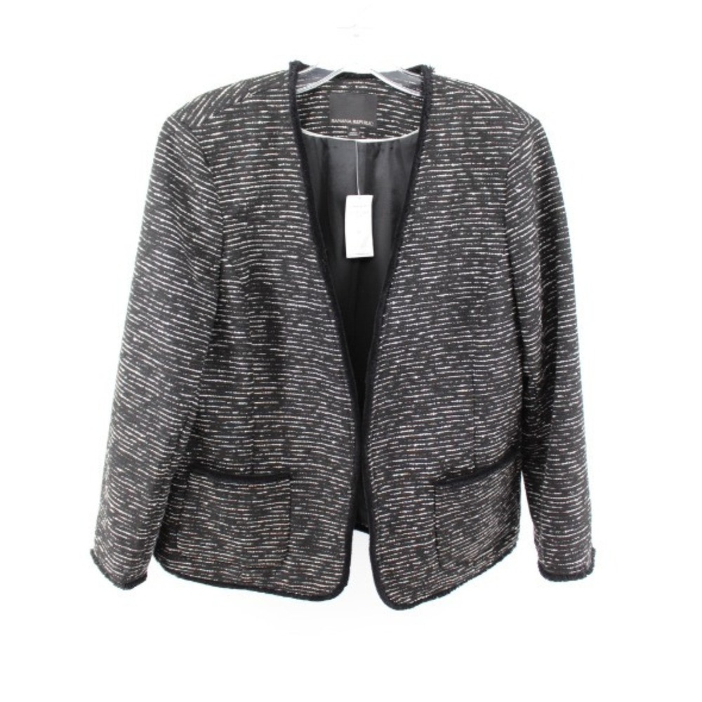 Banana Republic Tweed Blazer Womens 16 Black White Open Front Jacket‎ NWT